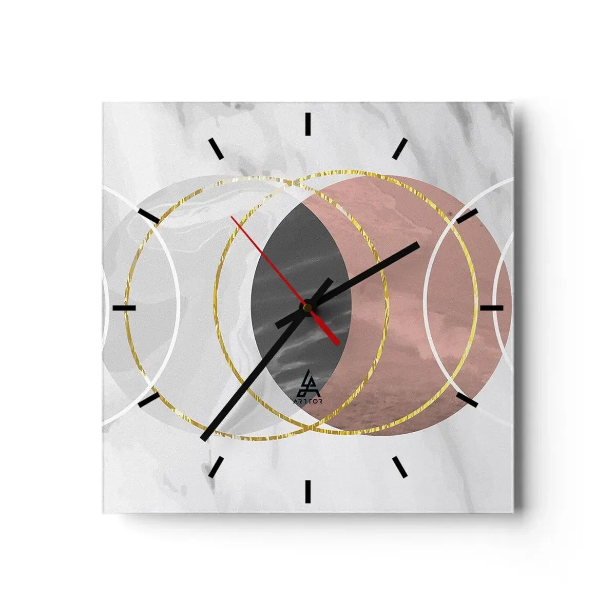 Wanduhr - Glasuhr - Abstrakte geometrische Komposition mit Kreisen und metallischen Details - 30x30cm - Musik der Sphären - Moderne Wanddekoration für Wohnzimmer und Schlafzimmer ARTTOR