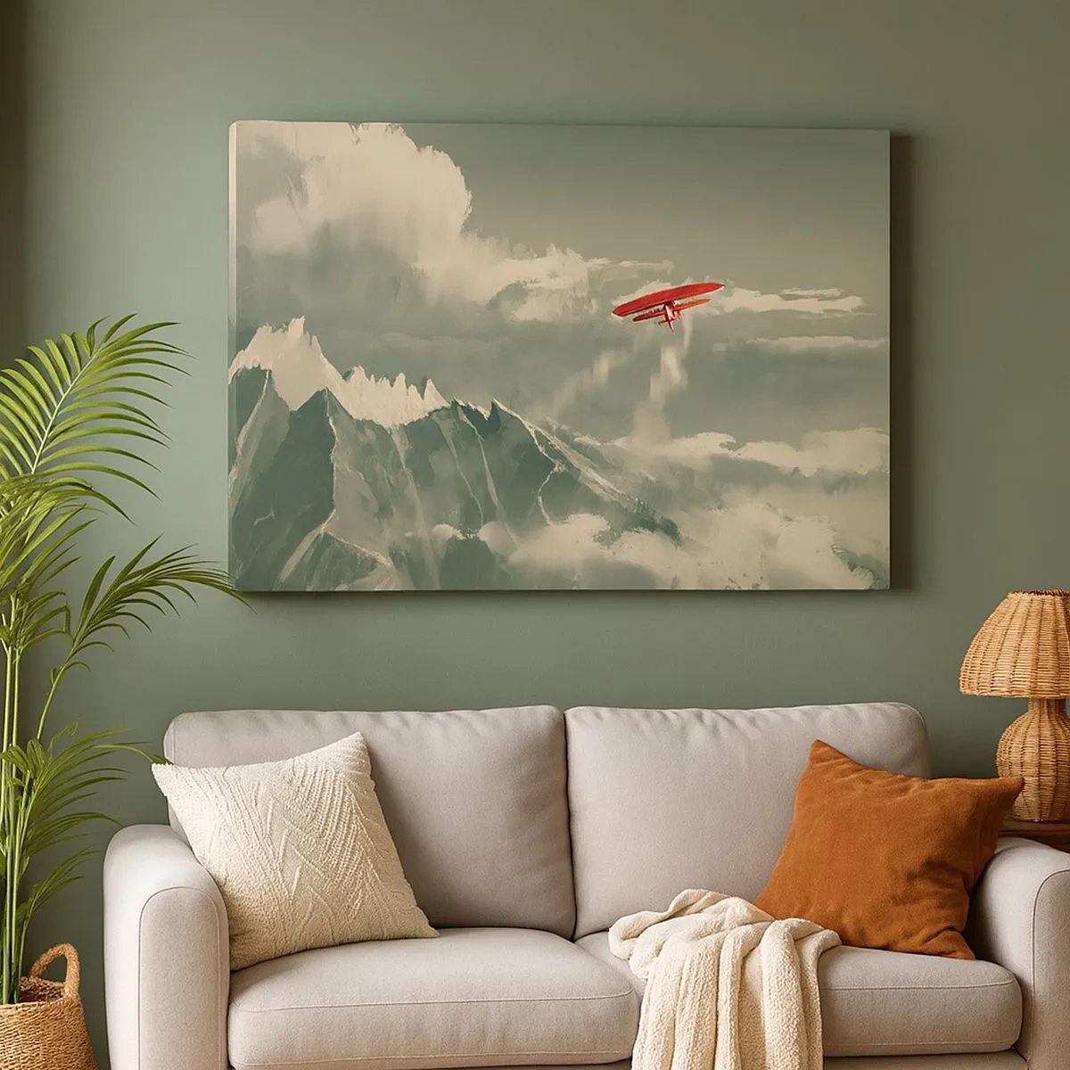Bild auf Leinwand - Leinwandbild - Rotes Flugzeug über schneebedeckten Bergen - 70x50cm - Furchtloser Pionier - Moderne Wanddekoration für Wohnzimmer und Schlafzimmer ARTTOR