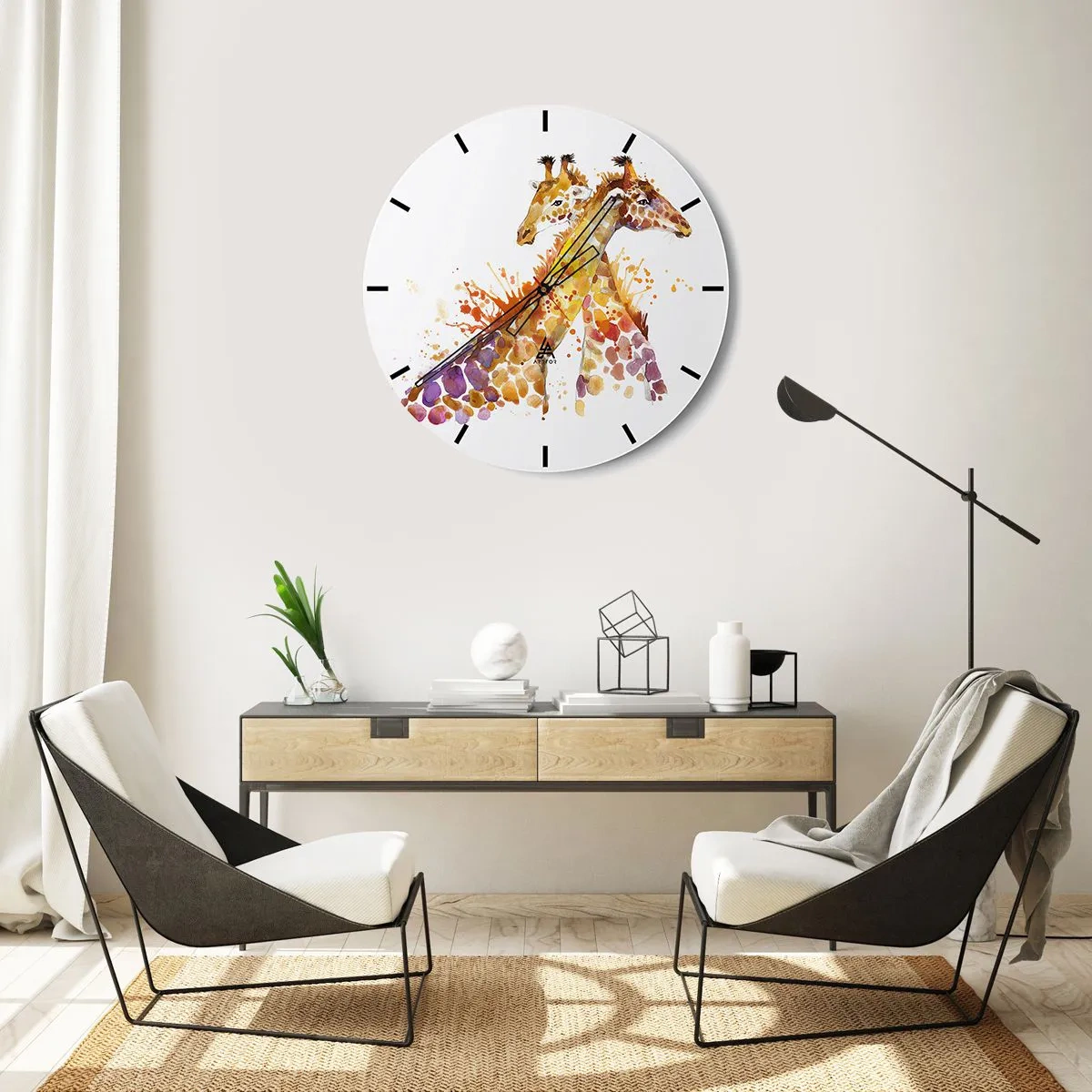 Wanduhr - Glasuhr - Zwei Giraffen im Aquarellstil - 30x30cm - Ist es Freundschaft oder ist es Baby? - Moderne Wanddekoration für Wohnzimmer, Küche und Schlafzimmer ARTTOR