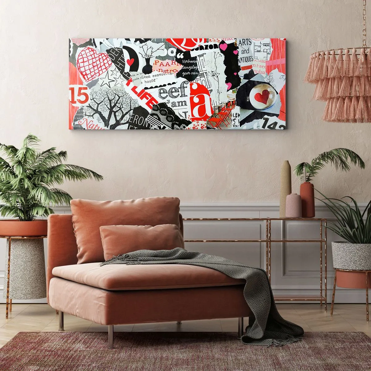 Bild auf Leinwand - Leinwandbild - Eine bunte Collage mit Aufschriften, Herzen und Grafiken. - 120x50cm - Hipster-Collage - Moderne Wanddekoration für Wohnzimmer und Schlafzimmer ARTTOR