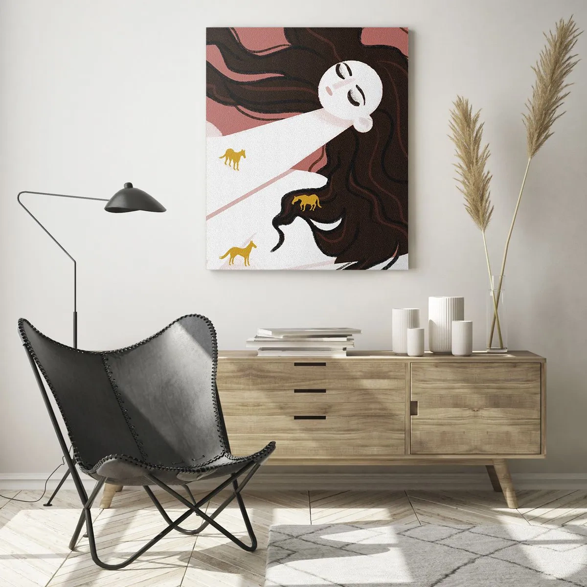 Glasbild - Bild auf glas - Eine Figur mit geschlossenen Augen, umgeben von goldenen Pferden - 70x100cm - Traum von einem goldenen Pferd - Moderne Wanddekoration für Wohnzimmer und Schlafzimmer ARTTOR