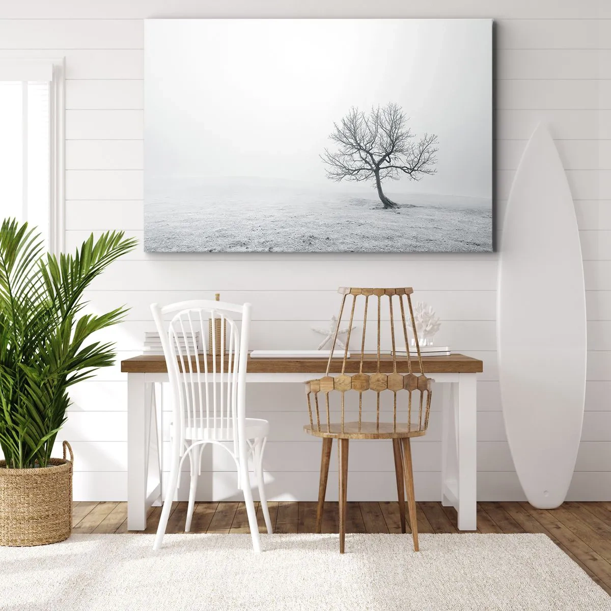 Bild auf Leinwand - Leinwandbild - Ein einsamer Baum im Winternebel auf einem leeren Feld - 100x70cm - Gegen das Nichts - Moderne Wanddekoration für Wohnzimmer und Schlafzimmer ARTTOR