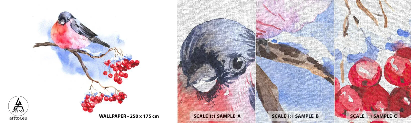 Fototapeten Muster Premium Canvas - Winter in Farbe - Vogel auf einem Ast, Rote Eberesche, Grafik - 100x30 cm