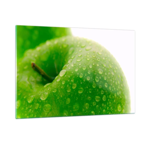 Glasbild - Bild auf glas - Ein grüner Apfel bedeckt mit Wassertropfen - 120x80cm - Grüne kühle Frische - Moderne Wanddekoration für Wohnzimmer und Schlafzimmer ARTTOR