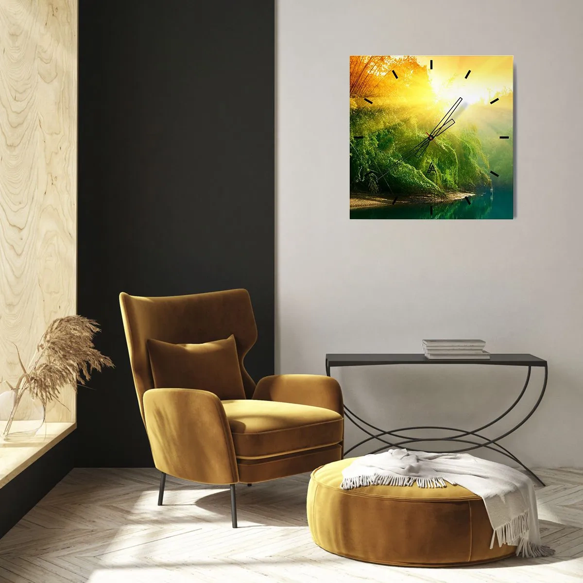 Wanduhr - Glasuhr - Ein grüner Wald am Fluss, beleuchtet von den Strahlen der aufgehenden Sonne - 30x30cm - In Sonne und Schatten ertrinken - Moderne Wanddekoration für Wohnzimmer und Schlafzimmer ARTTOR