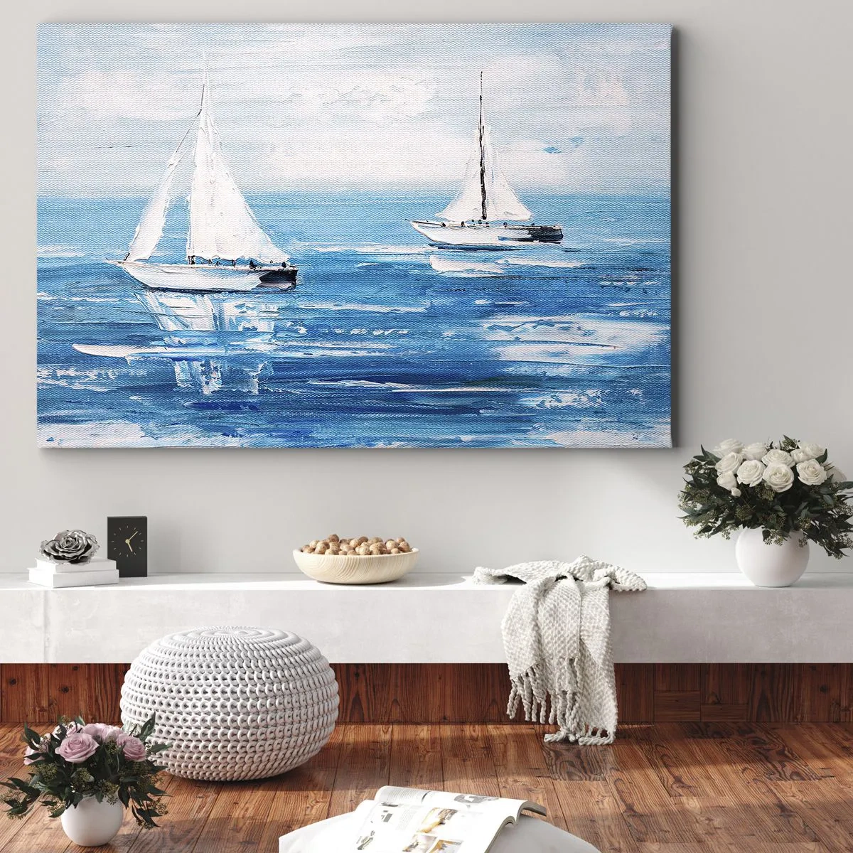 Bild auf Leinwand - Leinwandbild - Yachten auf dem blauen Meer im künstlerischen Stil - 100x70cm - Mit Freund an der Seite - Moderne Wanddekoration für Wohnzimmer und Schlafzimmer ARTTOR