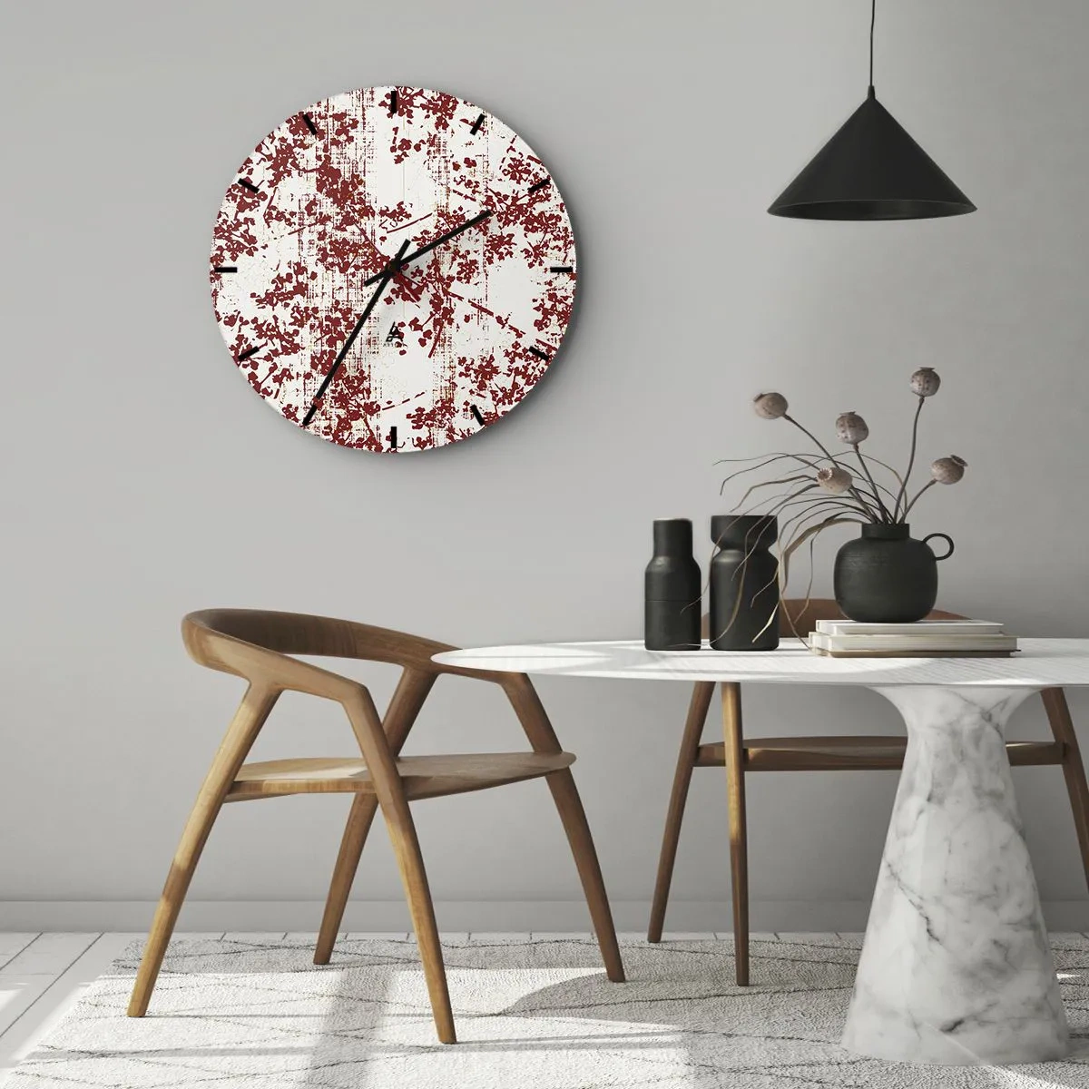 Wanduhr - Glasuhr - Rotes Blumenmuster auf weißem Hintergrund im Vintage-Stil - 30x30cm - Wie alter Perkal - Moderne Wanddekoration für Wohnzimmer, Küche und Schlafzimmer ARTTOR
