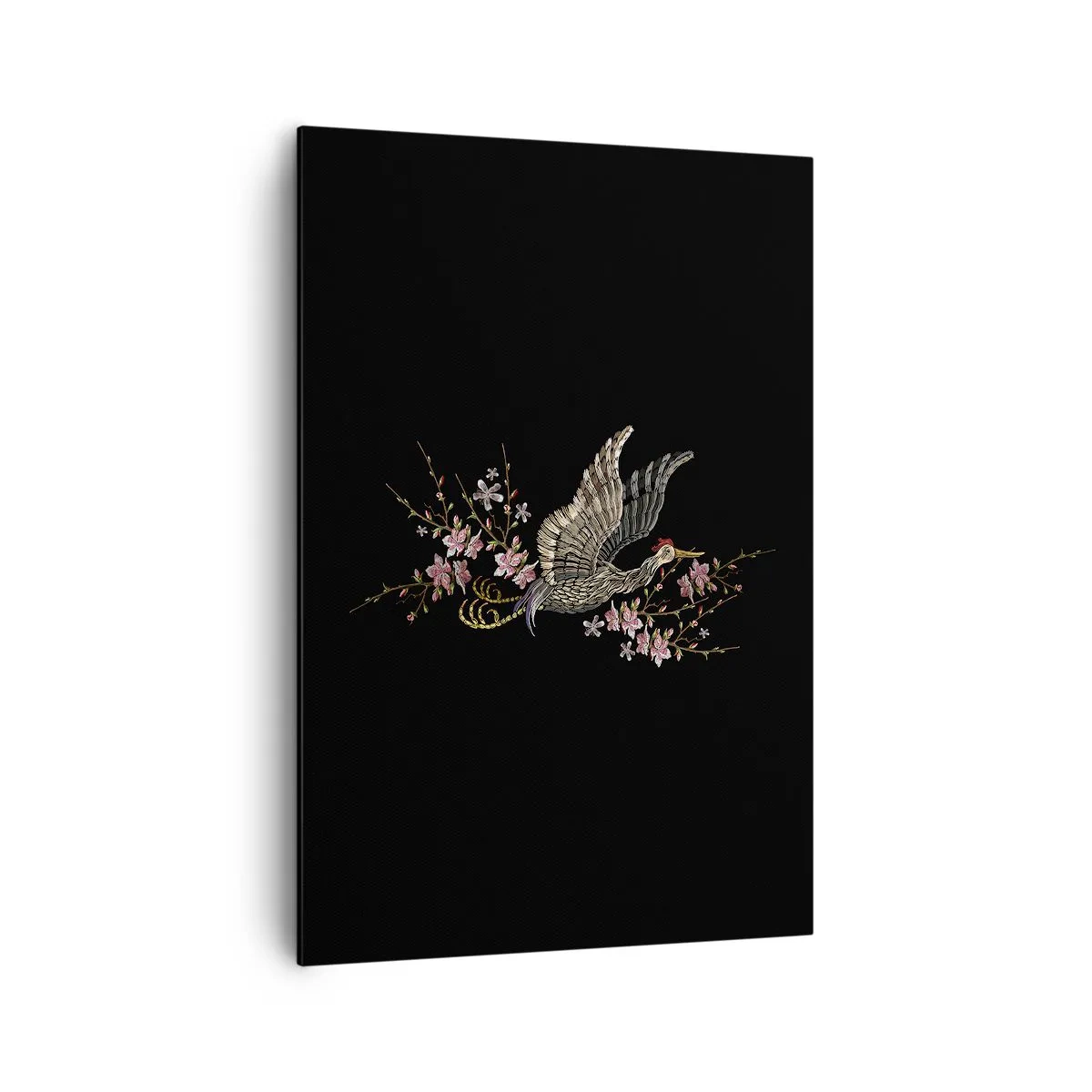 Bild auf Leinwand - Leinwandbild - Ein Vogel im Flug mit Blumen auf schwarzem Hintergrund - 70x100cm - Exotischer gestickter Vogel - Moderne Wanddekoration für Wohnzimmer und Schlafzimmer ARTTOR