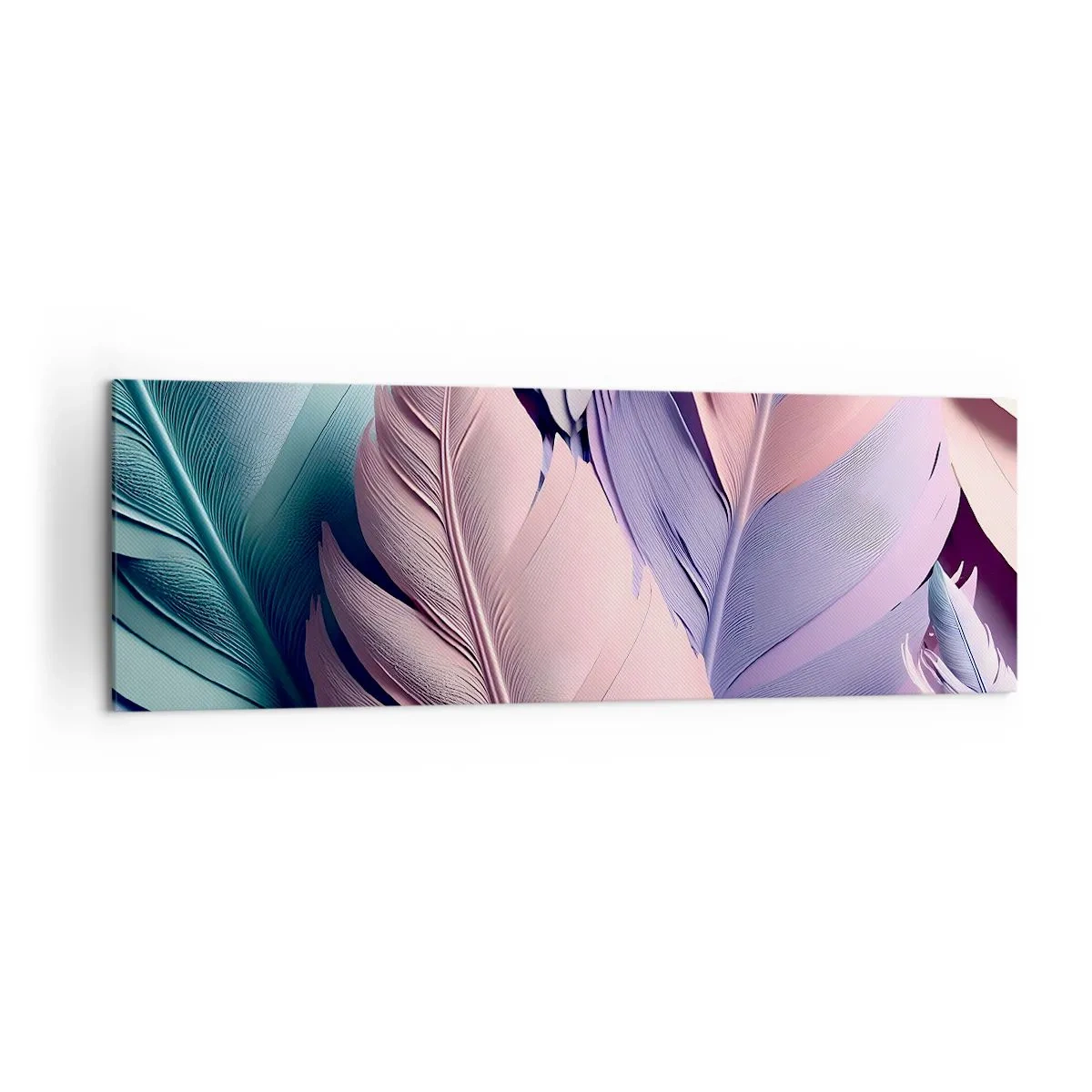 Bild auf Leinwand - Leinwandbild - Bunte Federn in Pastelltönen auf hellem Hintergrund - 160x50cm - Vogel-Chic - Moderne Wanddekoration für Wohnzimmer und Schlafzimmer ARTTOR