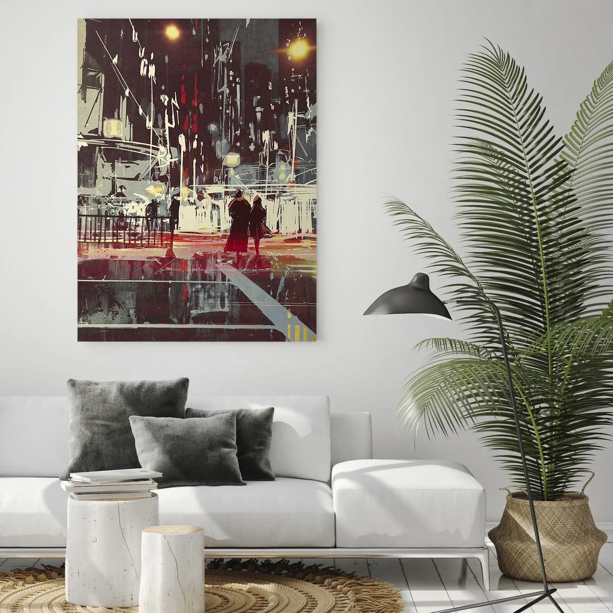 Glasbild - Bild auf glas - Stadt bei Nacht mit Neonlichtern und Silhouetten von Menschen auf der Straße - 80x120cm - Eine große Stadtüberquerung - Moderne Wanddekoration für Wohnzimmer und Schlafzimmer ARTTOR