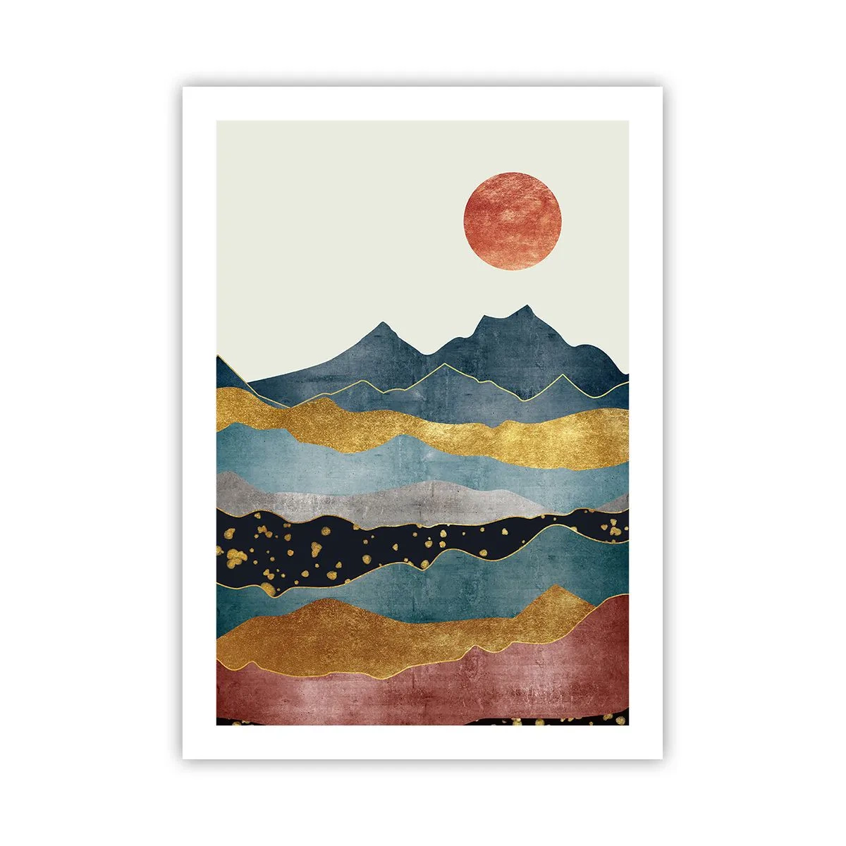 Poster - Abstrakte Berge in Gold-, Blau- und Rottönen - 50x70cm - Ein Querschnitt durch die Welt - Moderne Wanddekoration für Wohnzimmer und Schlafzimmer ARTTOR
