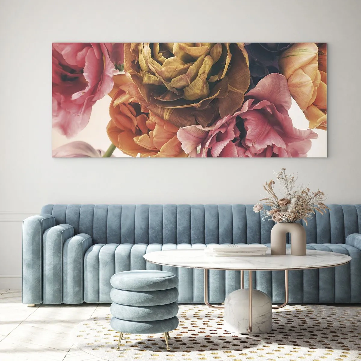 Glasbild - Bild auf glas - Ein Strauß verschiedener Blumen in intensiven Farben - 120x50cm - Eine Feier des Lebens - Moderne Wanddekoration für Wohnzimmer und Schlafzimmer ARTTOR