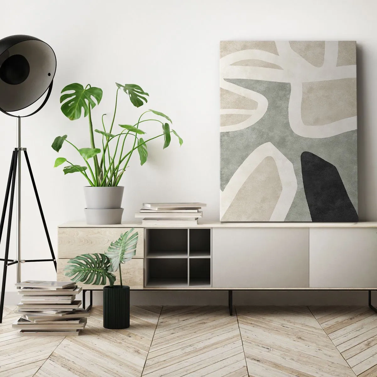 Bild auf Leinwand - Leinwandbild - Komposition mit schwarzem Motiv - 45x80 cm