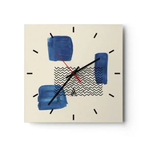 Wanduhr - Glasuhr - Abstrakte Komposition mit blauen Flecken und Wellenlinien - 30x30cm - Ein abstraktes Quartett - Moderne Wanddekoration für Wohnzimmer und Schlafzimmer ARTTOR