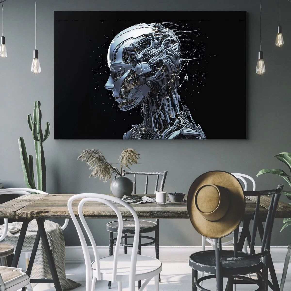Bild auf Leinwand - Leinwandbild - Futuristisches Porträt eines Cyborgs im Industriestil auf schwarzem Hintergrund. - 120x80cm - Technologie ist eine Frau - Moderne Wanddekoration für Wohnzimmer und Schlafzimmer ARTTOR