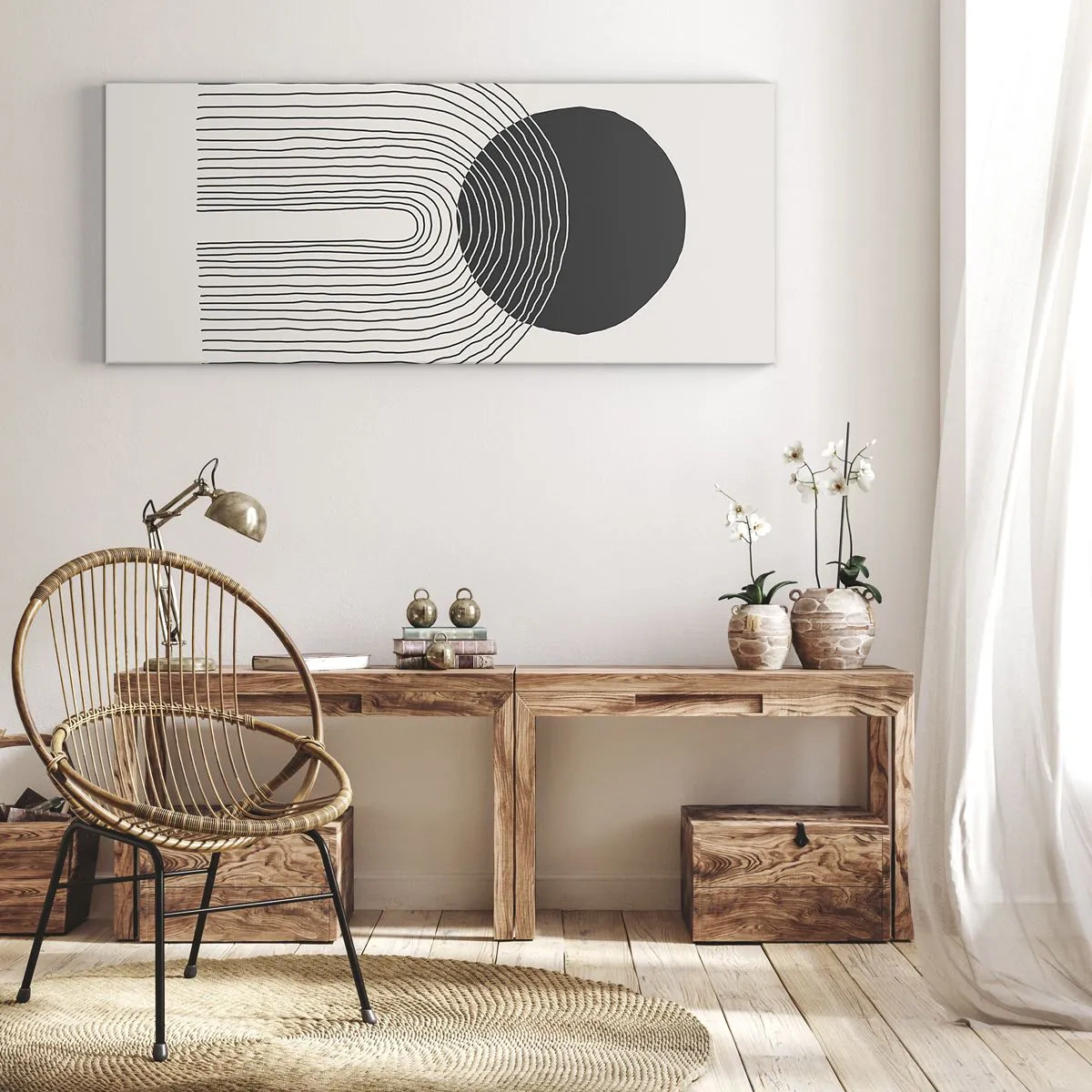 Bild auf Leinwand - Leinwandbild - Abstraktes Muster mit Linien und einem schwarzen Kreis auf hellem Hintergrund - 140x50cm - Zittern und Vertrauen - Moderne Wanddekoration für Wohnzimmer und Schlafzimmer ARTTOR