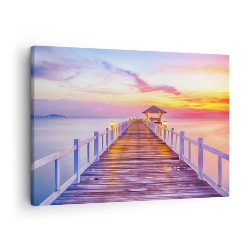 Bild auf Leinwand - Leinwandbild - Ein Pier über dem Wasser bei Sonnenuntergang in Pastellfarben - 70x50cm - Die lila-goldene Stille des Abends - Moderne Wanddekoration für Wohnzimmer und Schlafzimmer ARTTOR
