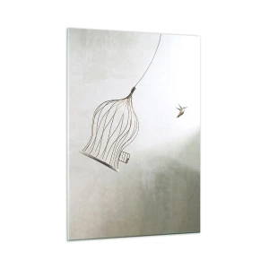 Glasbild - Bild auf glas - Ein offener Käfig und ein Kolibri, der bei Tageslicht davonfliegt - 50x70cm - In seinem Element - Moderne Wanddekoration für Wohnzimmer und Schlafzimmer ARTTOR