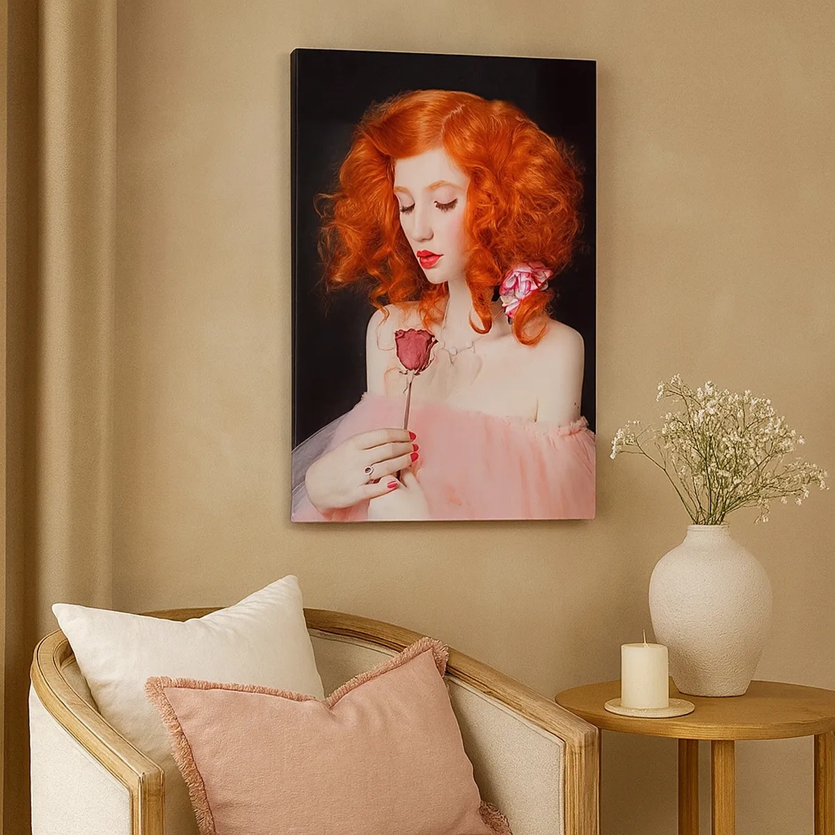 Bild auf Leinwand - Leinwandbild - Eine Frau mit roten Haaren hält eine Rose - 50x70cm - Im barocken Stil - Moderne Wanddekoration für Wohnzimmer und Schlafzimmer ARTTOR