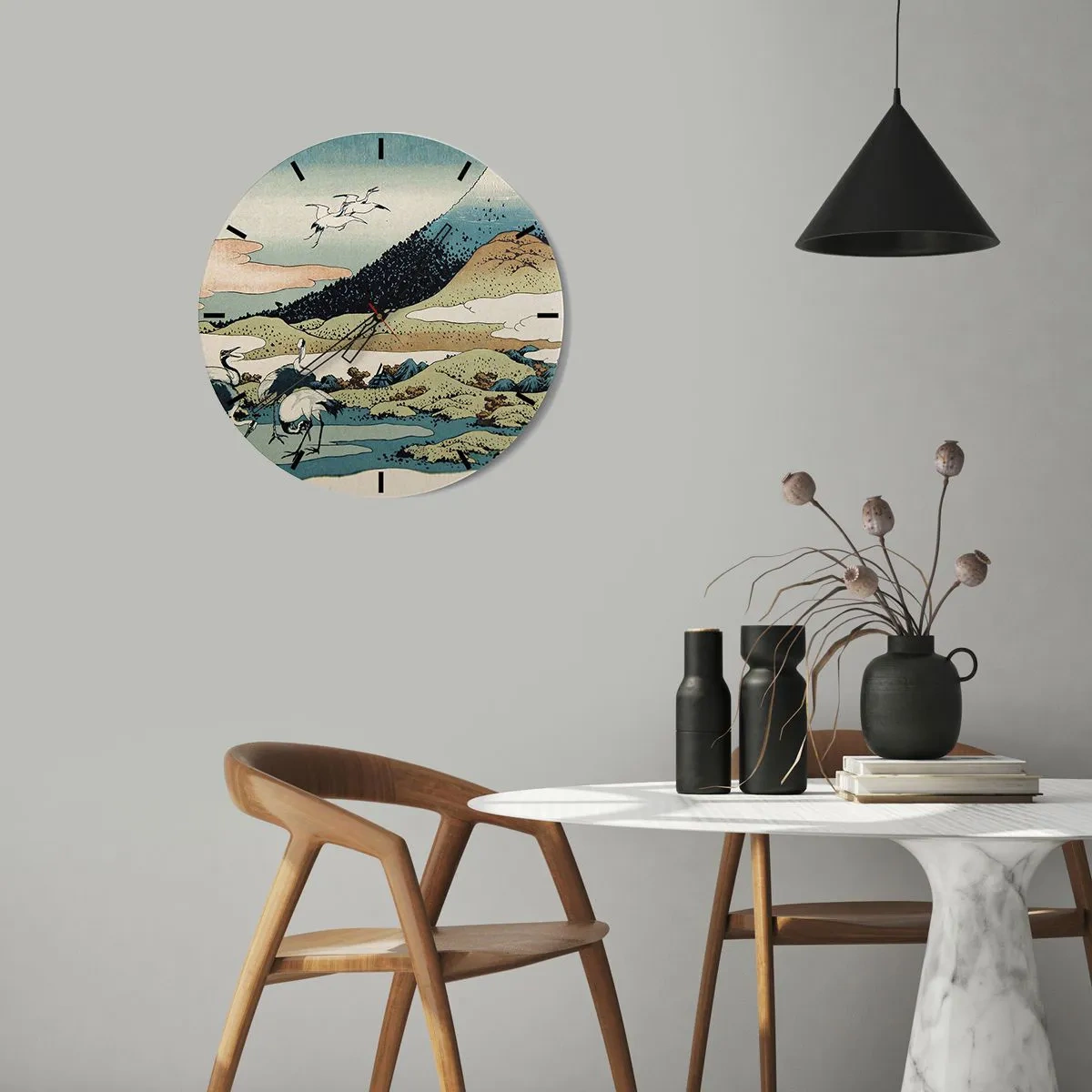 Wanduhr - Glasuhr - Japanische Szene mit Vögeln vor einer Berglandschaft - 30x30cm - Im japanischen Geist - Moderne Wanddekoration für Wohnzimmer, Küche und Schlafzimmer ARTTOR