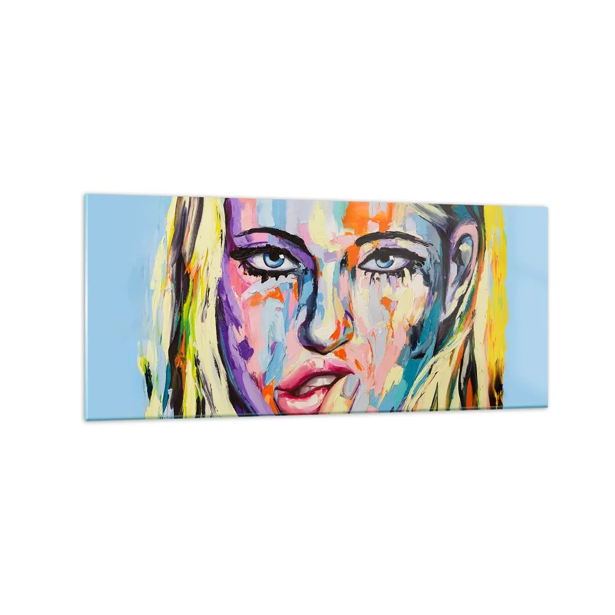 Glasbild - Bild auf glas - Farbenfrohes Porträt einer Frau im abstrakten Stil - 120x50cm - Schau ihr direkt in die Augen - Moderne Wanddekoration für Wohnzimmer und Schlafzimmer ARTTOR