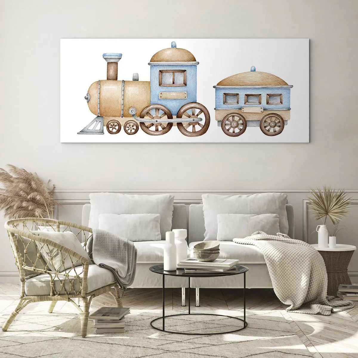 Glasbild - Bild auf glas - Zeichnung eines Zuges in Pastelltönen auf weißem Hintergrund - 120x50cm - Am Bahnhof steht ... - Moderne Wanddekoration für Wohnzimmer und Schlafzimmer ARTTOR