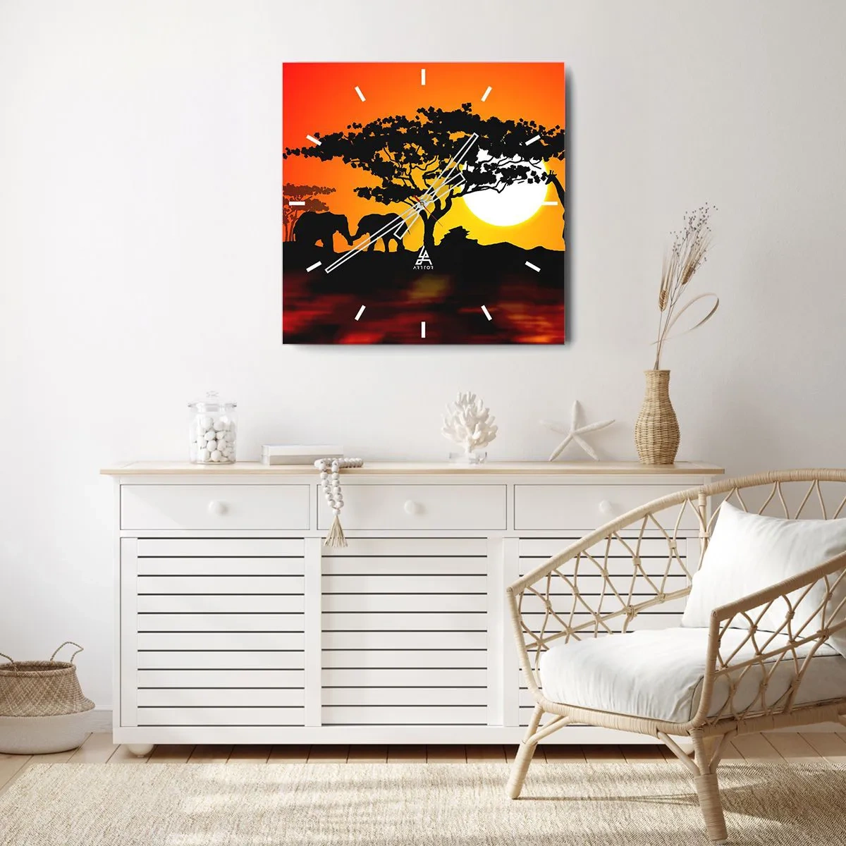 Wanduhr - Glasuhr - Afrikanischer Sonnenuntergang mit Silhouetten von Elefanten und Giraffen über dem Wasser - 30x30cm - Treffen in der Savanne - Moderne Wanddekoration für Wohnzimmer und Schlafzimmer ARTTOR