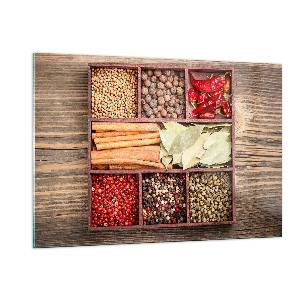 Glasbild - Bild auf glas - Bunte Gewürze in Holzfächern - 120x80cm - Ordnung der Formen, Bouquet von Aromen - Moderne Wanddekoration für Wohnzimmer und Schlafzimmer ARTTOR