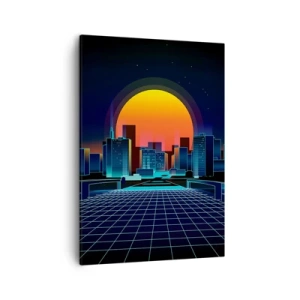 Bild auf Leinwand - Leinwandbild - Futuristische Skyline im Neon-Stil - 50x70cm - Willst du immer noch zu Real gehen? - Moderne Wanddekoration für Wohnzimmer und Schlafzimmer ARTTOR