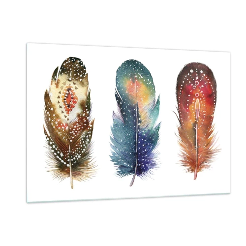 Glasbild - Bild auf glas - Drei bunte Federn mit ethnischen Mustern - 120x80cm - Rituale, Zeremonien, Geheimnisse - Moderne Wanddekoration für Wohnzimmer und Schlafzimmer ARTTOR