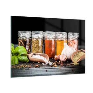 Glasbild - Bild auf glas - Bunte Gewürze in Gläsern auf dunklem Hintergrund - 100x70cm - Für einen Geschmack des Lebens - Moderne Wanddekoration für Wohnzimmer und Schlafzimmer ARTTOR