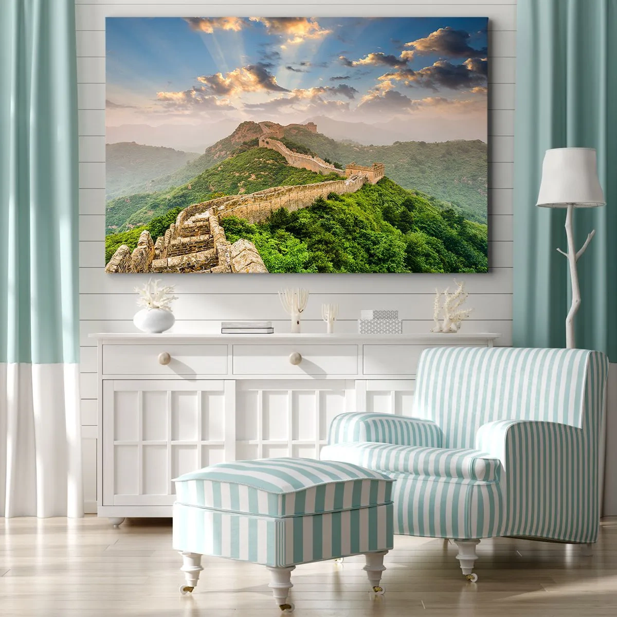 Bild auf Leinwand - Leinwandbild - Die Chinesische Mauer im Sonnenlicht in einer malerischen Landschaft - 70x50cm - Ewige Größe - Moderne Wanddekoration für Wohnzimmer und Schlafzimmer ARTTOR