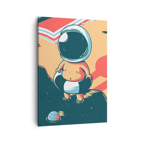 Bild auf Leinwand - Leinwandbild - Lustiger Astronaut am Strand mit Weltraumelementen im Hintergrund - 50x70cm - Aus einer anderen Perspektive - Moderne Wanddekoration für Wohnzimmer und Schlafzimmer ARTTOR