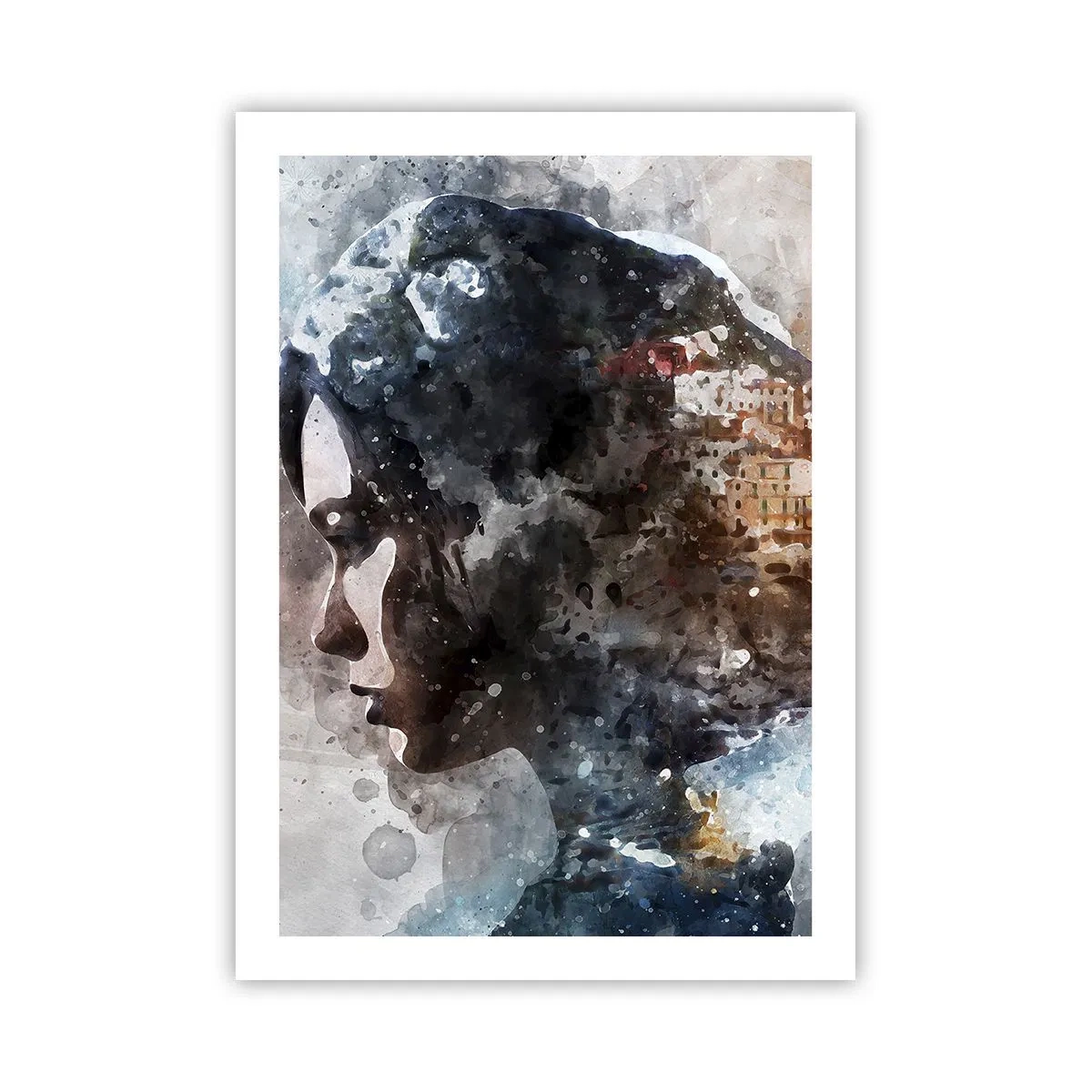Poster - Silhouette einer Frau mit einer Aquarelllandschaft im Hintergrund - 50x70cm - Eine Geschichte über ein Mädchen mit einer Stadt im Hintergrund - Moderne Wanddekoration für Wohnzimmer und Schlafzimmer ARTTOR