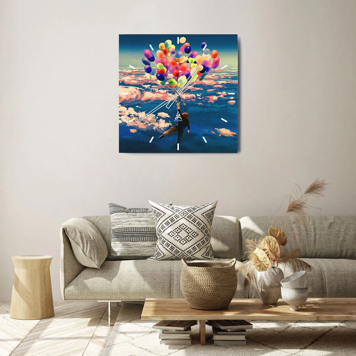 Wanduhr - Glasuhr - Eine Figur, die mit bunten Luftballons über den Wolken schwebt - 30x30cm - Ein Kindheitstraum wird wahr - Moderne Wanddekoration für Wohnzimmer und Schlafzimmer ARTTOR