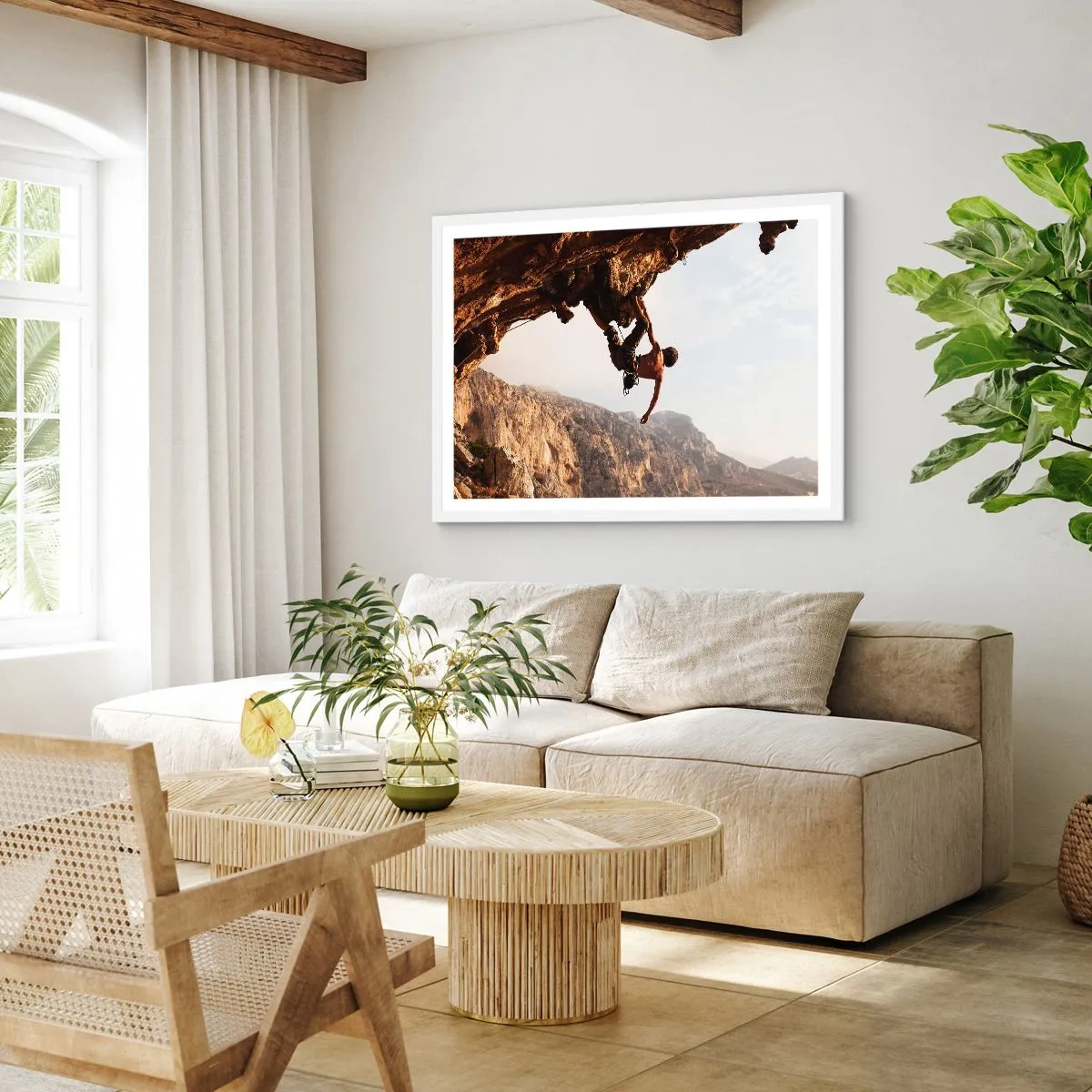 Poster in einem weißen Rahmen - Die Welt ist in einer Hand auf einem Felsblock geschrumpft - 70x50 cm