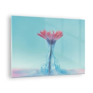 Glasbild - Bild auf glas - Eine phantasievolle Blume, eingetaucht in einen blauen und rosa Dunst - 70x50cm - In einer belebenden Umarmung - Moderne Wanddekoration für Wohnzimmer und Schlafzimmer ARTTOR