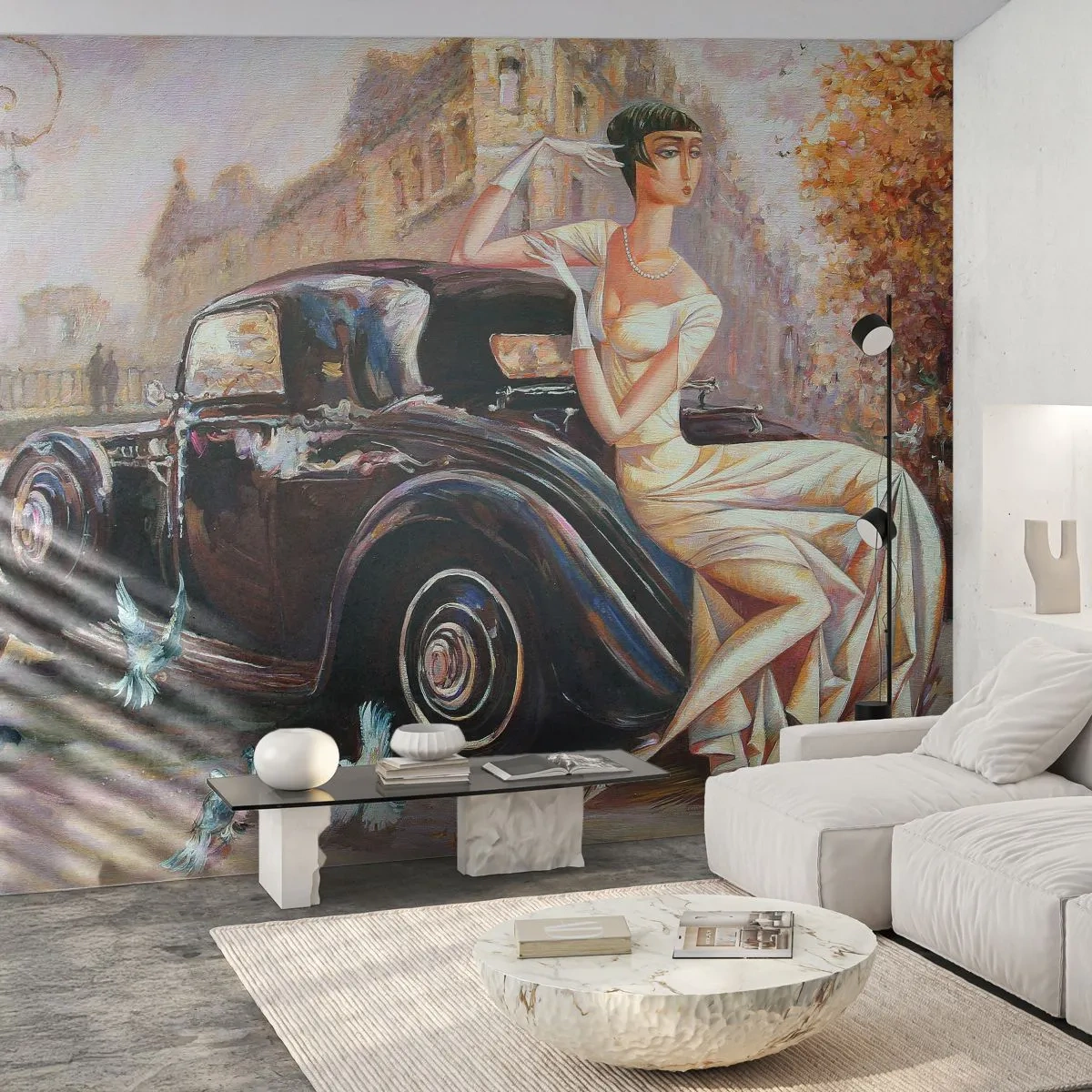 Fototapete Premium Sand - Eleganz im Retro-Stil - Retro-Auto, Frau, Palast - 350x256 cm