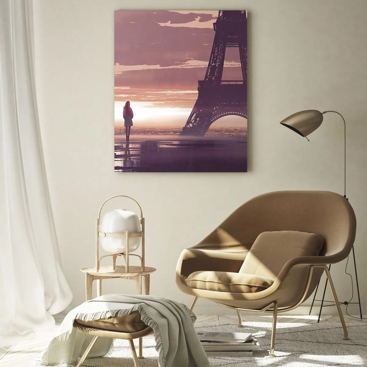 Glasbild - Bild auf glas - Der Eiffelturm bei Sonnenuntergang mit der Silhouette einer Person - 50x70cm - Nur zwei davon - Moderne Wanddekoration für Wohnzimmer und Schlafzimmer ARTTOR