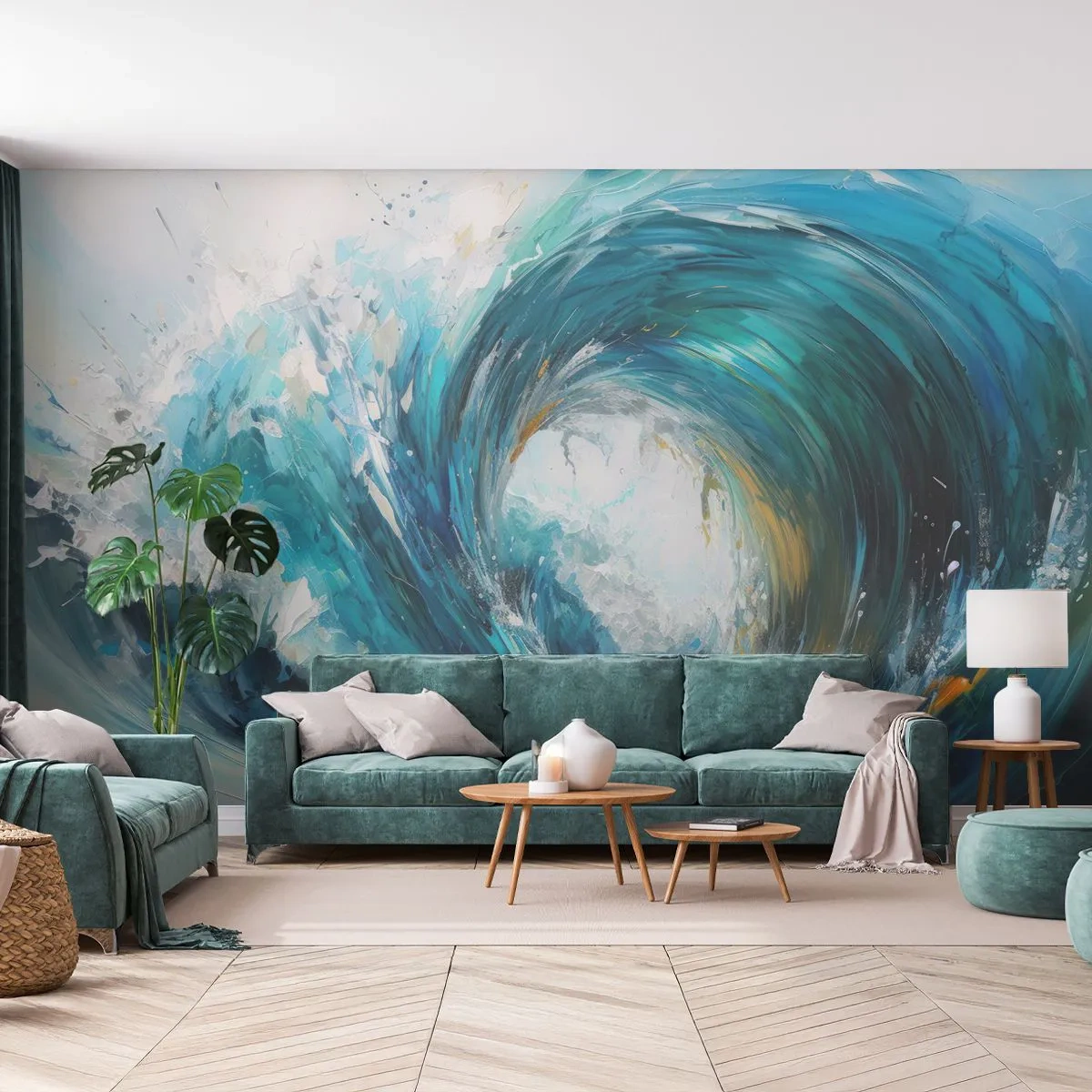 Fototapete Premium Sand - Abstrakte Welle in Türkis- und Blautönen - 100x70cm - Meeresportal - Moderne Wanddekoration für Wohnzimmer und Schlafzimmer ARTTOR
