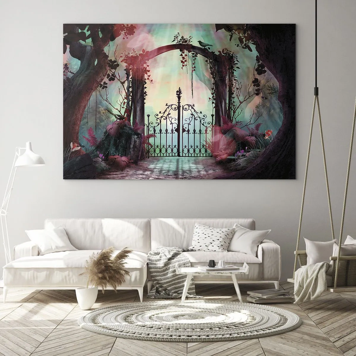 Glasbild - Bild auf glas - Magische Tore im Märchenwald - 70x50cm - Geheimer Garten - Moderne Wanddekoration für Wohnzimmer und Schlafzimmer ARTTOR