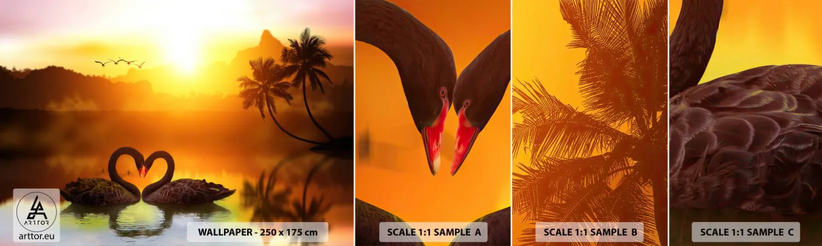 Fototapeten Muster Selbstklebend Deluxe Sticker - Alles passt zusammen - Herz, Schwäne, Kokusnuss-Palme - 100x30 cm