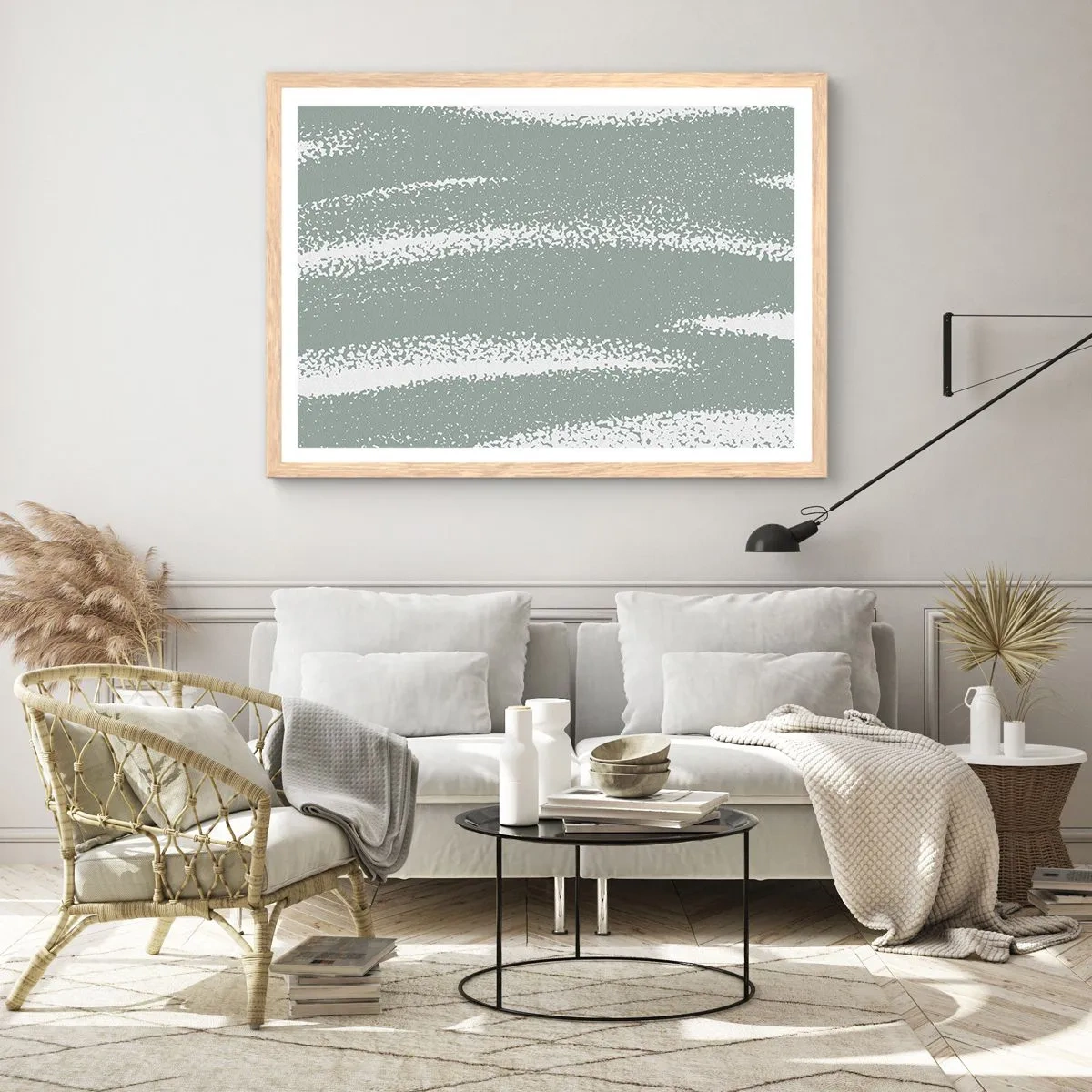 Poster in einem Rahmen aus heller Eiche - Abstraktion im Winterklima - 100x70 cm