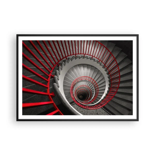 Poster in einem schwarzem Rahmen - Wendeltreppe mit roten Handläufen in dynamischer Perspektive - 100x70cm - Architekturspaß - Moderne Wanddekoration für Wohnzimmer und Schlafzimmer ARTTOR