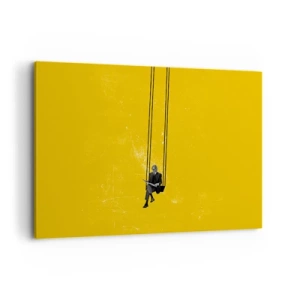 Bild auf Leinwand - Leinwandbild - Eine Person auf einer Schaukel vor einem intensiv gelben Hintergrund - 120x80cm - Tag wie jeder andere - Moderne Wanddekoration für Wohnzimmer und Schlafzimmer ARTTOR
