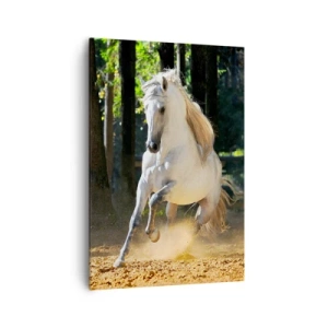 Bild auf Leinwand - Leinwandbild - Ein weißes Pferd galoppiert durch eine Waldlichtung - 70x100cm - Wie aus einem Fantasy-Roman - Moderne Wanddekoration für Wohnzimmer und Schlafzimmer ARTTOR
