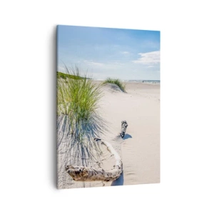 Bild auf Leinwand - Leinwandbild - Ein Ostseestrand mit Sand, Gras und einem ruhigen blauen Himmel - 50x70cm - Der schönste Strand? Ostsee-Strand - Moderne Wanddekoration für Wohnzimmer und Schlafzimmer ARTTOR