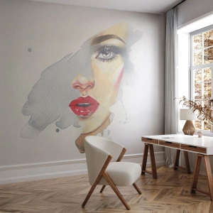 Selbstklebende Fototapete Deluxe Sticker - Abspiegeln in einem Wassertropfen - Das Gesicht einer Frau, Frau, rote Lippen - 300x210 cm
