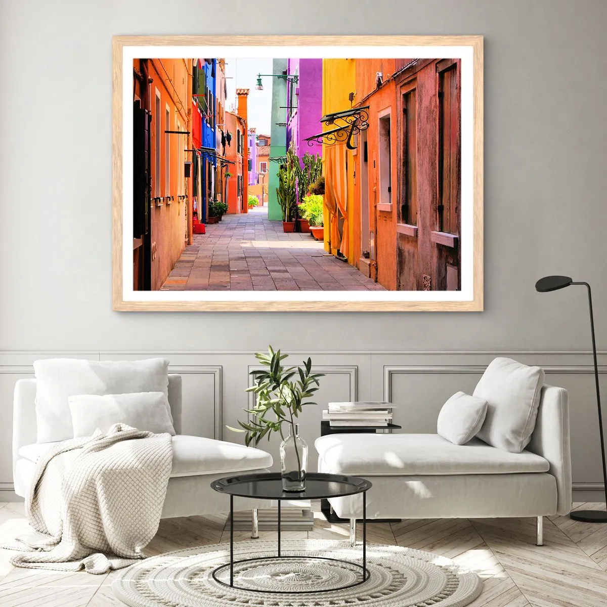 Poster in einem Rahmen aus heller Eiche - Regenbogengasse - 91x61 cm