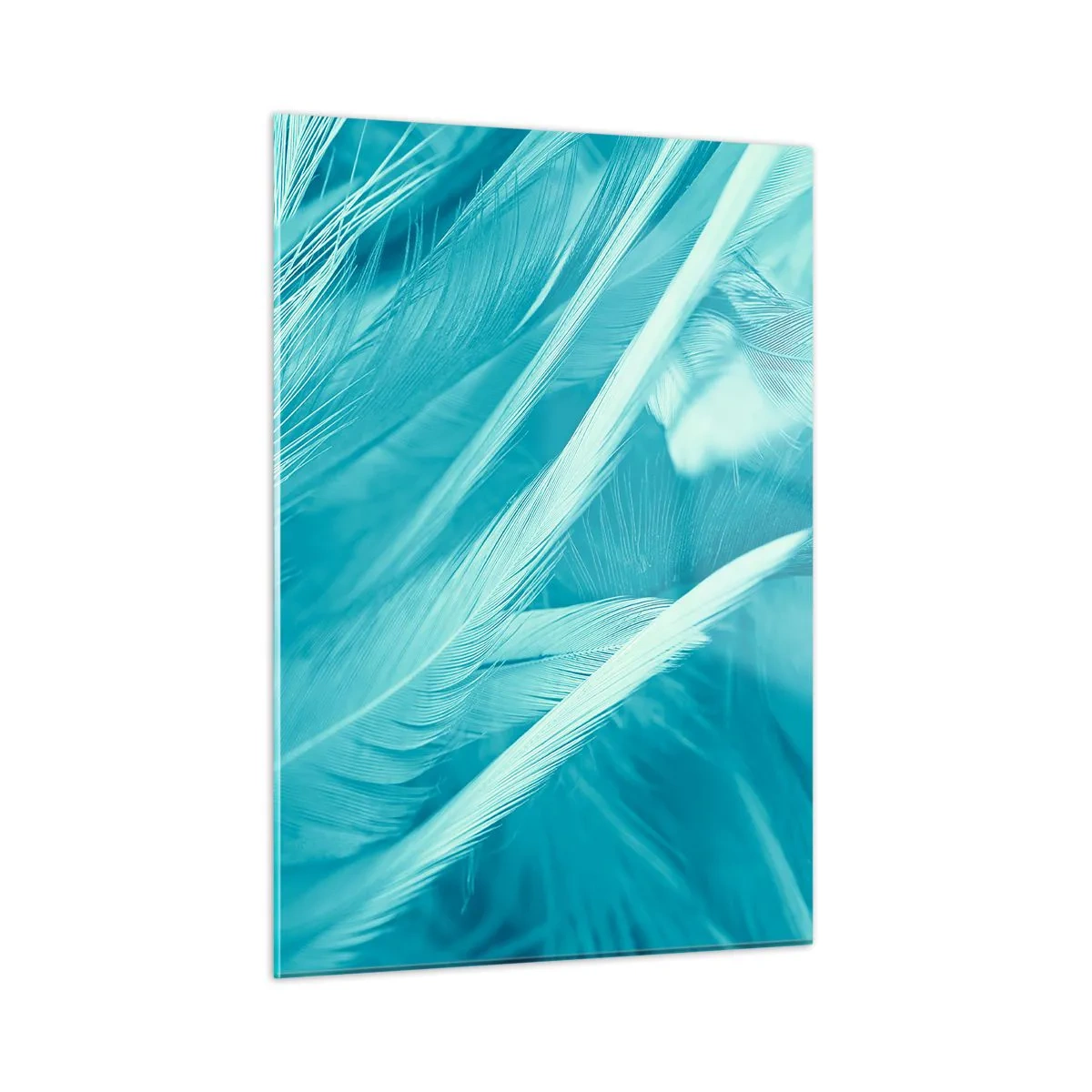 Glasbild - Bild auf glas - Türkisfarbene Federn in zarter Nahaufnahme - 50x70cm - In Pulver ertrinken - Moderne Wanddekoration für Wohnzimmer und Schlafzimmer ARTTOR